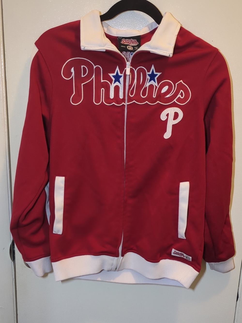 Stitches Red and White Athletic Zip Jacket W/ Blue Star Detail Youth Medium $25